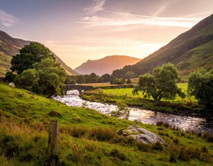 Serene valley view with bridge and river at golden hour