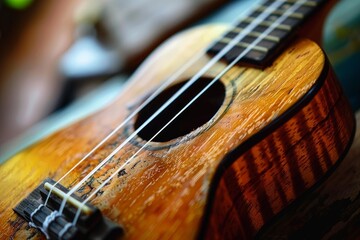 Obraz premium Closeup of old ukulele with shallow depth of field