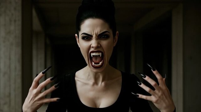 Black-Haired Vampire Woman in Velvet Dress Showing Fangs Close-Up