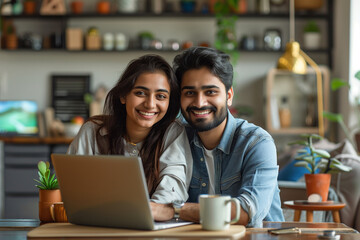 Young couple sitting together at a table with a laptop, smiling warmly in a cozy home environment, representing teamwork, study or remote work