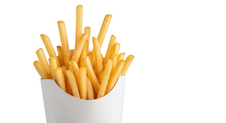 Crispy golden french fries in a white paper container isolated on transparent background