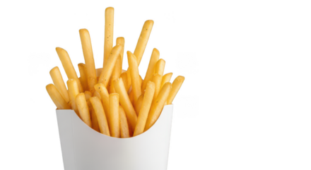 Crispy golden french fries in a white paper container isolated on transparent background
