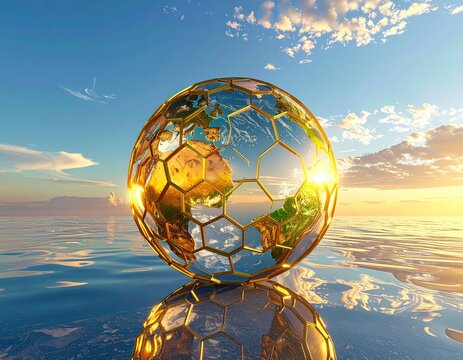 Ornate Earth globe on calm water reflects sunset sky
