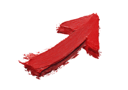 Textured red arrow points up and right, against black ground