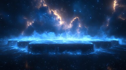 Fototapeta premium Mysterious cosmic platform floating in deep space surrounded by glowing blue nebula clouds and bright stars, creating ethereal atmospheric scene for space fantasy designs.