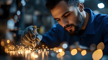 Middle Eastern craftsman in blue shirt working with precision tools creating sparks in workshop with dramatic bokeh lighting effects and moody atmosphere.