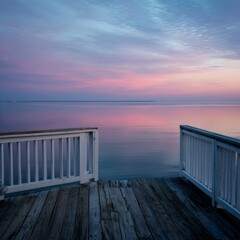 Calm sunset over the water with a wooden pier in the foreground during twilight hours