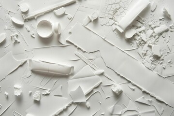 White cosmetic products and ingredients spreading on white background, creating a clean and minimalist aesthetic