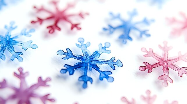 Delicate blue and pink snowflake decorations scattered on white background create festive winter mood, suitable for holiday designs and seasonal celebrations.