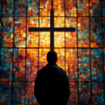 Person reflecting in front of colorful stained glass window with cross in a church