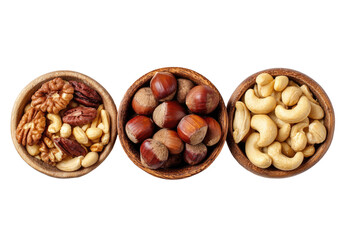 Three bowls, each filled with a type of shelled nut