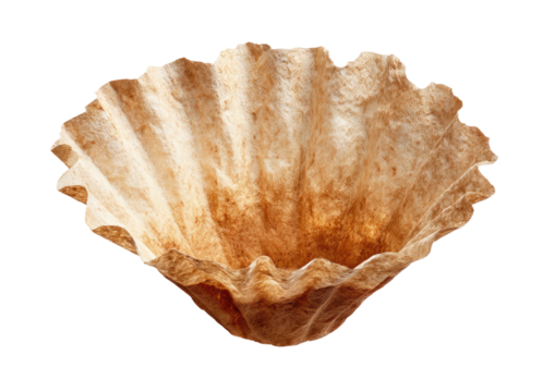 Brown, crinkled paper coffee filter on black background
