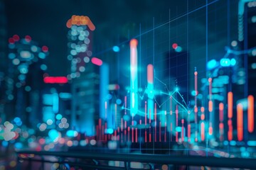 Abstract financial chart is overlaying night cityscape with glowing business buildings