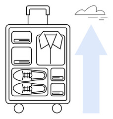 Packed suitcase with shirt, shoes, and folded clothes, a cloud, and upward arrow. Ideal for travel, packing tips, organization efficiency minimalism vacations journeys. Simple flat metaphor