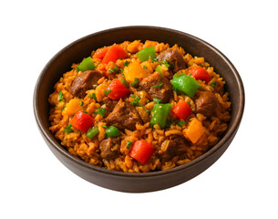 Hearty bowl of jollof rice with beef and colorful bell peppers served in a rustic bowl against a black background
