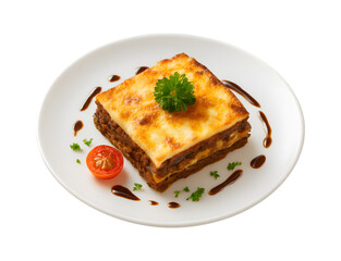 Delicious square slice of baked lasagna with melted cheese and a fresh tomato garnish on a white plate