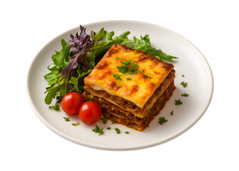 Delicious stacked lasagna with fresh greens and cherry tomatoes on a white plate