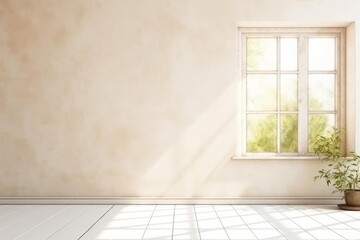 Sunlight streams through a window illuminating a plant in an empty room with a beige wall and white floor