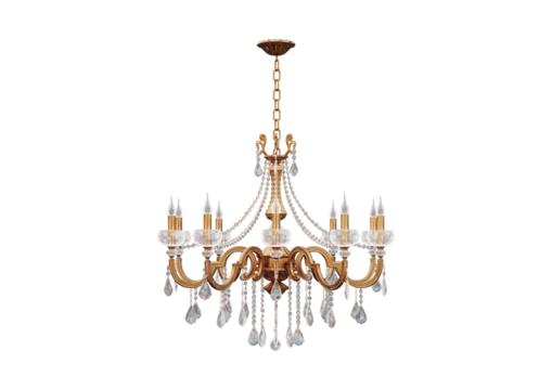 Elegant chandelier with crystal pendants isolated on transparent background
