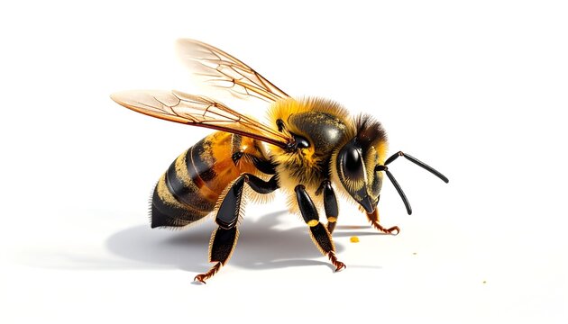 Detailed close-up of a bee with transparent wings, posed on a stark white surface, casting a soft shadow