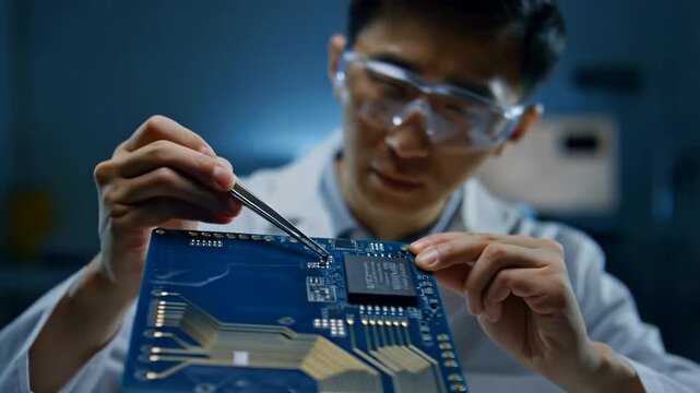 Engineer working on a complex electronic circuit board with precision tools