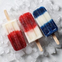 Colorful frozen treats displayed on ice with red, white, and blue layers for a festive summer celebration