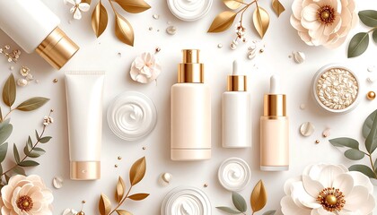 Cream and gold cosmetic bottles scattered amidst floral and foliage accents, set against a bright white background