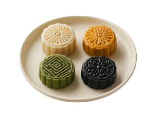 Four colorful traditional mooncakes arranged on a white plate against a dark background