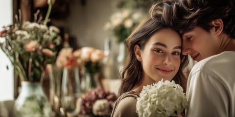 Young couple with a bouquet of hydrangeas in a flower boutique. Romantic moment with flowers as a gift. Bouquet for a special occasion. Subscription flower service. Flower boutique. Flower shop banner