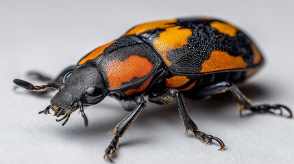 Naklejka premium American burying beetle, Nicrophorus americanus crawling on a clean surface, isolated on white, macro photography style