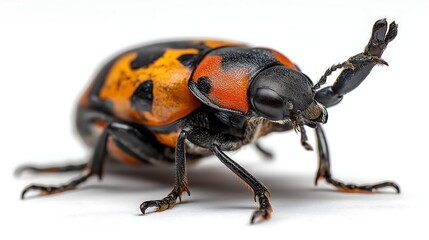 Fototapeta premium American burying beetle, Nicrophorus americanus crawling on a clean surface, isolated on white, macro photography style