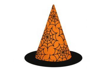 Halloween witch hat with spiderweb pattern on transparent background