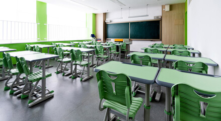 School classroom with desks and chairs