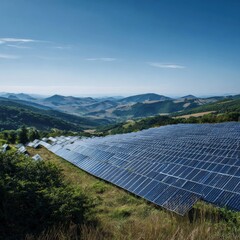 Solar panels cover a hillside, showcasing renewable energy in a scenic landscape under a clear blue sky