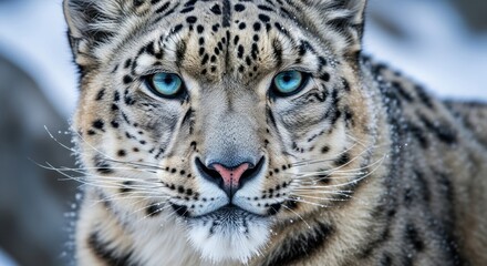 Fototapeta premium Close-up of a majestic snow leopard with piercing blue eyes.