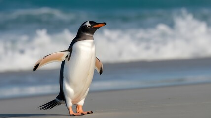 Gentoo penguin walking on a sandy beach wings outstretched with ocean waves in the background