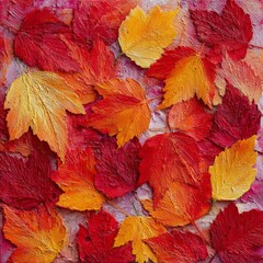 Colorful autumn leaves display vibrant hues of red, orange, and yellow in a creative arrangement on a textured surface