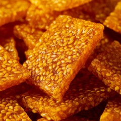 Delicious sesame candy pieces stacked together, showcasing their golden caramel color and crunchy texture