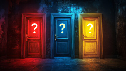 Dimly lit room features three vibrant doors in red, blue, and yellow, each adorned with question mark, evoking curiosity and mystery