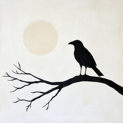 Spooky black crow perched on branch with full moon backdrop creates eerie atmosphere