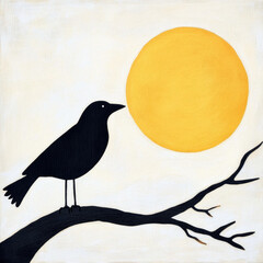 Black crow perched branch against bright yellow sun creates striking contrast this artistic depiction. simplicity evokes sense of calm