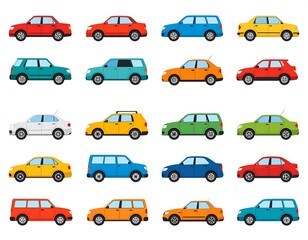 Diverse array of vector cars in various colors and body styles arranged in a grid, viewed from their sides