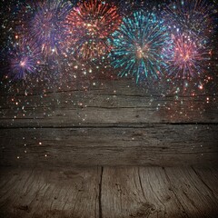 Colorful fireworks display lighting up a rustic wooden background at night