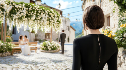 Woman with dark hair sleek black outfit stands picturesque village, observing couple white attire. scene is filled with flowers and charming