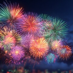 Colorful fireworks light up the night sky during a festive celebration in a downtown city scene