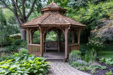 Fototapeta premium Beautiful wooden gazebo provides a quiet place to relax in a lush green garden