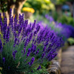 Lavender flowers bloom in a vibrant garden showcasing beauty during the golden hour of sunset