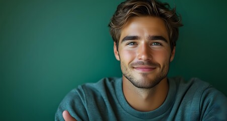 Fototapeta premium Young Caucasian man with styled brown hair and facial stubble smiling confidently against green wall background, wearing casual grey sweater. Natural lighting creates warm ambiance.