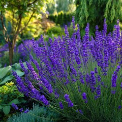 Vibrant lavender blooms flourish in a peaceful garden setting during sunny daylight hours