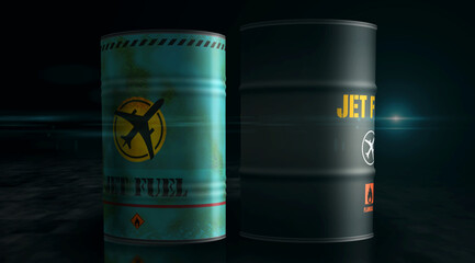 Jet fuel airplane oil barrels in row